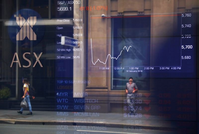 © Reuters. Pedestrians are reflected in a window in front of a board displaying stock prices at the Australian Securities Exchange (ASX) in Sydney, Australia, February 9, 2018. REUTERS/David Gray/ File Photo