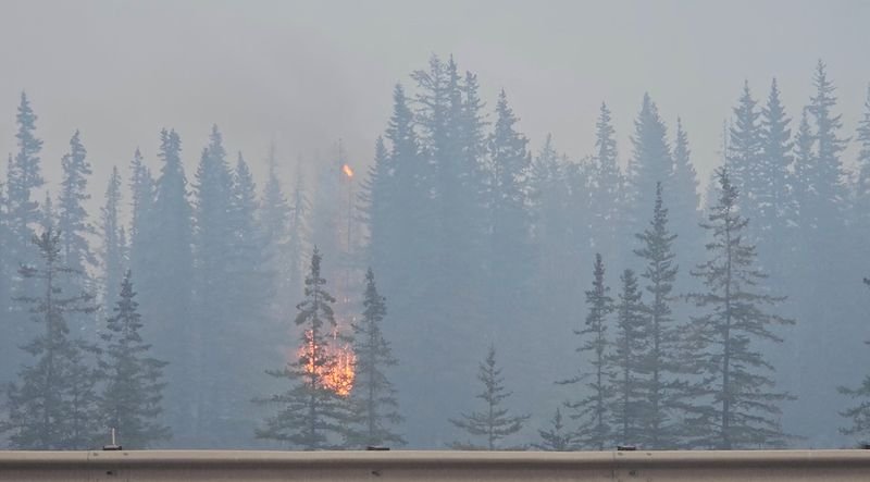 © Reuters. FILE PHOTO: Flames and smoke rise from a burning wildfire, as seen from a highway, in Jasper, Alberta, Canada, July 23, 2024, in this screen grab obtained from a social media video. Donald Schroll/via REUTERS/File Photo