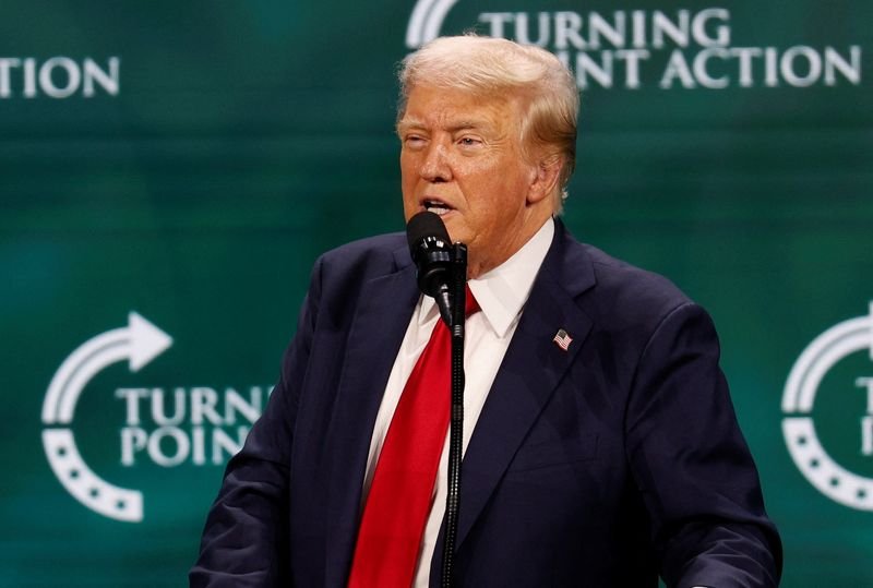 © Reuters. FILE PHOTO: Republican presidential nominee and former U.S. President Donald Trump speaks at Turning Point Action